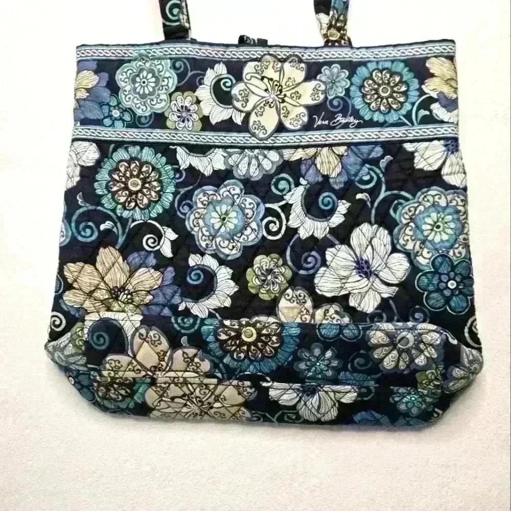 Vera Bradley Blue Cream Floral Cotton Large Tote Very Good Condition